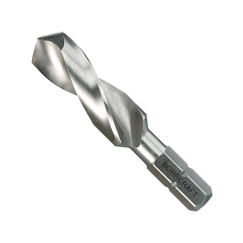 Metalno svrdlo s brušenom površinom i logotipom BOHRCRAFT na šesterokutnom nosaču, prikazano na bijeloj pozadini.
