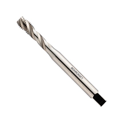 Metalno svrdlo s narezom i spiralnim uzorcima, dizajnirano za precizno bušenje i navijanje, s logotipom na tijelu i crnim vrhom.