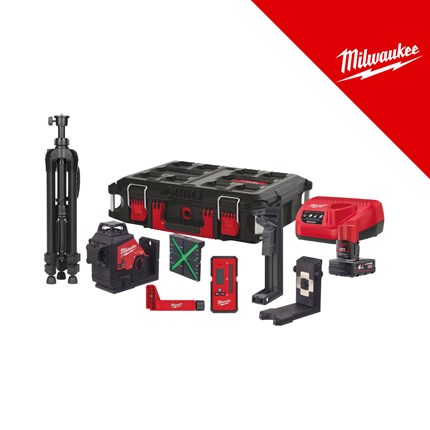 Milwaukee 12V aku laserski nivelir 3 zrake 360 stupnjeva, zelena zraka komplet, u packout koferu sa 1x4Ah baterijom i punjačem (M123PLKIT-401P - 4933478960) – punjači