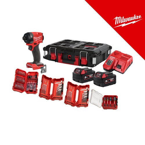 Milwaukee 18V aku udarni izvijač 1/4 prihvat, 226 nm, u packout koferu sa 12x5Ah baterijama i punjačem (M18FID3100P-502P - 4933498244) – odvijači