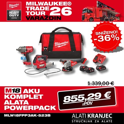 Milwaukee 18V aku komplet alata powerpack, u x torbi sa 2x5Ah i 1x2Ah baterijama i punjačem (M18FPP3AK-523B - 4933498576) – baterije / akumulatori