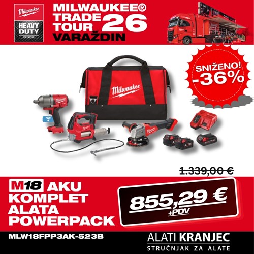 Milwaukee 18V aku komplet alata powerpack, u x torbi sa 2x5Ah i 1x2Ah baterijama i punjačem (M18FPP3AK-523B - 4933498576) – baterije / akumulatori