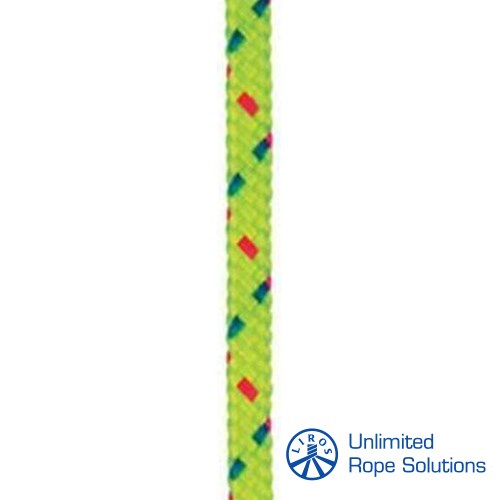 Jasno žuta, pletena konopa s crvenim i plavim detaljima, dizajnirana za nautičke potrebe, s logotipom Unlimited Rope Solutions u donjem desnom kutu.