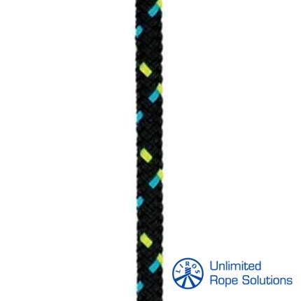 Crna pletena konopa s žutim i plavim detaljima, s logotipom Unlimited Rope Solutions u donjem desnom kutu.