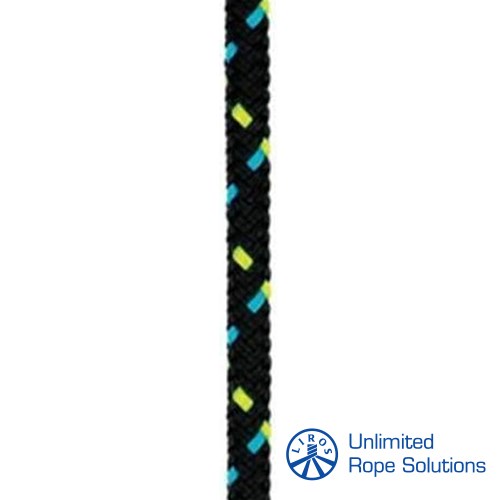 Crna pletena konopa s žutim i plavim detaljima, s logotipom Unlimited Rope Solutions u donjem desnom kutu.