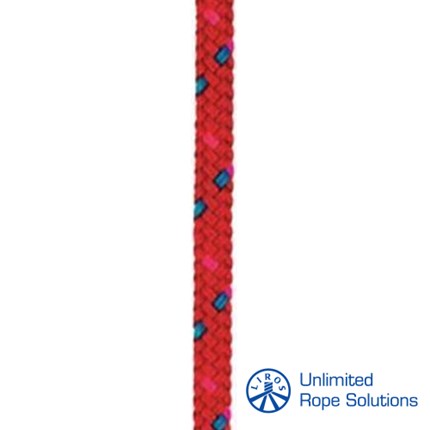 Crvena pletena konopa s plavim i roze detaljima, dizajnirana za nautičke potrebe, s logotipom Unlimited Rope Solutions u donjem desnom kutu.