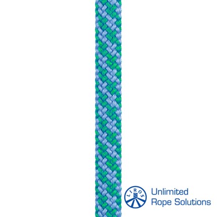 Zeleno-plava pletena konopna žica s logotipom Unlimited Rope Solutions u donjem desnom kutu.