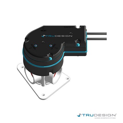 Solenoid Valve 12V DC od TruDesign, crno-sivi cilindrični dizajn s plavim detaljima i bijelim montažnim pločom.