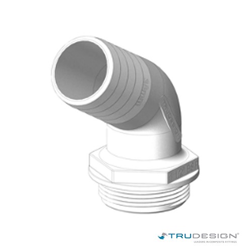 Bijeli tank fitting od 38 mm s 1 1/2˝ BSP navojem i 120° kutom za fleksibilnu instalaciju.