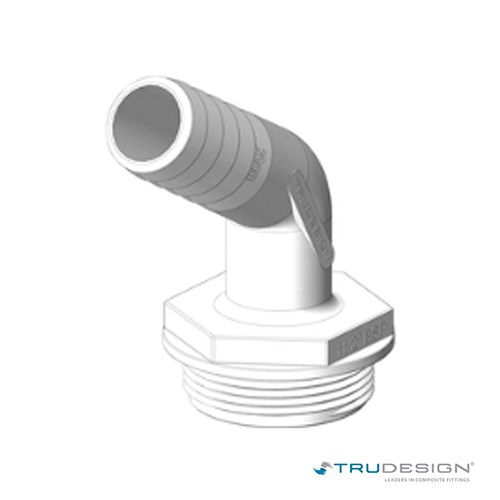 Bijeli 120° savitljavi fitting od 25 mm s navojem 1 1/2˝ BSP, dizajniran za tank fitting sustave.