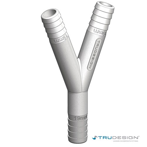 Bijeli Y-oblikovani komad za crijeva od 19 mm s natpisom "TRUDESIGN" i oznakama veličine na spojevima.