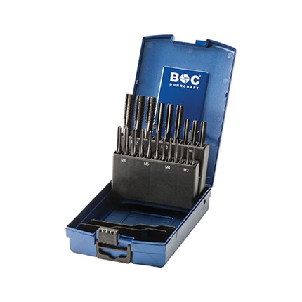 Set nareznih svrdla HSS-E Co5 M3 - M12 u plavoj kutiji s logotipom BOC, namijenjen za precizno navojno bušenje.