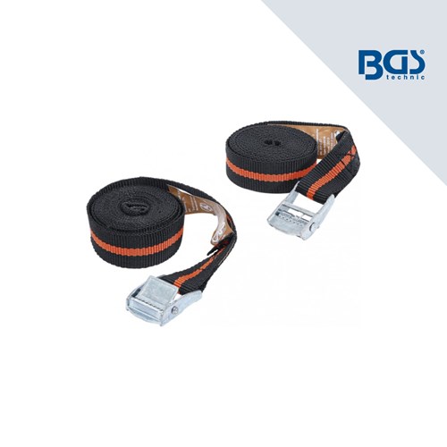 Dve crno-oranžaste BGS gurtna od 2,5Mx25mm sa metalnim kvačicama, prikazane na bijeloj pozadini.