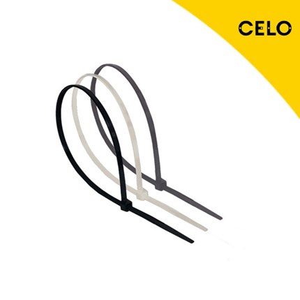 Tri crne i bijele vezice od nylon natural MEA BD 2,5 x 100 cijena po komadu, prikazane na bijeloj pozadini s žutim logotipom CELO u gornjem desnom kutu.