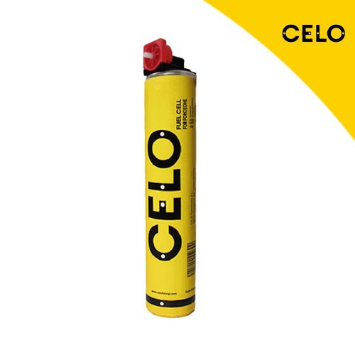 Žuti cilindrični CELO Fuel Cell za plinski čekić s crvenim poklopcem i jasnim natpisom na bijeloj pozadini.