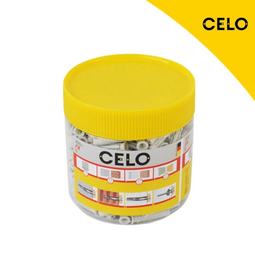 Prozirna žuta kutija s logotipom CELO sadrži 70 komada univerzalnih nylon tipala FX 10.