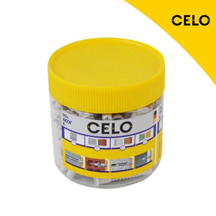 Prozirna žuta kutija s logotipom CELO sadrži 50 komada univerzalne nylon tipla MZK 10.