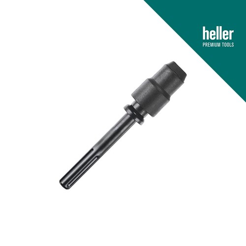 Černi metalni adapter za SDS+/SDS-max bušilice, dizajniran za precizno povezivanje, s logotipom "heller PREMIUM TOOLS" u gornjem desnom kutu.