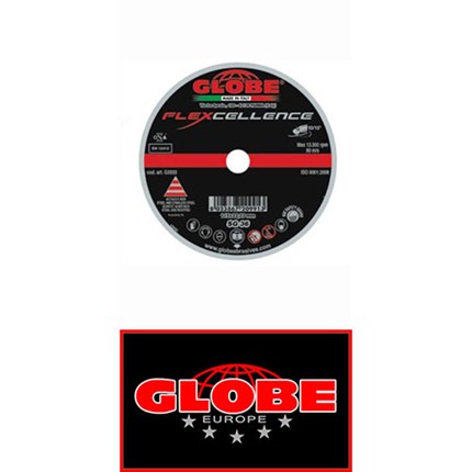 Krugla brusna ploča FLEXCELLENCE 125 grad. GR36, crna s crvenim detaljima i logotipom GLOBE Europe, prikazana na bijeloj pozadini.