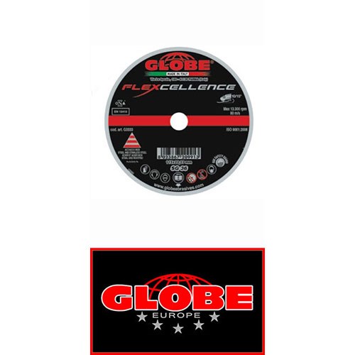Krugla brusna ploča FLEXCELLENCE 125 grad. GR36, crna s crvenim detaljima i logotipom GLOBE Europe, prikazana na bijeloj pozadini.