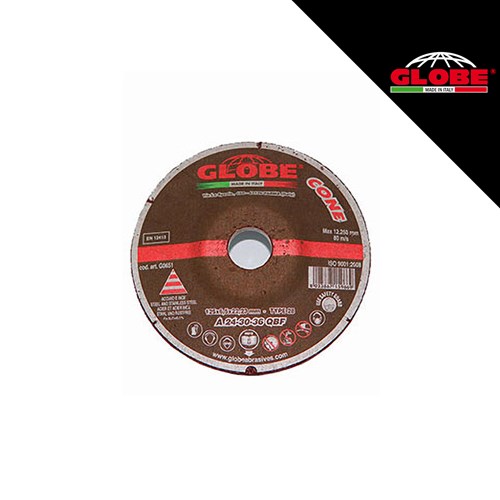 Krugla brusna ploča Globe profi line dimenzija 125x6,5 mm s crvenim i bijelim oznakama na smeđem podlogu.