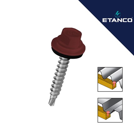 Fasadni vijak Etanco GTFP 4.8x35 RAL 3009 Crveni, s detaljnim prikazom primjene na metalnim profilima.