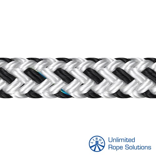 Bijelo-crna pletena mooring konopa od 8 mm, izrađena od visokokvalitetnog materijala, s logotipom Unlimited Rope Solutions u donjem desnom kutu.