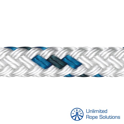 Bijelo-plavi konop s pletenim uzorkom i logotipom Unlimited Rope Solutions u donjem desnom kutu.