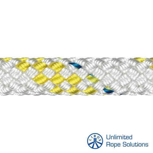 Prikazana je LIROS Cruising Herkules konopica O20mm u bijelo-žutoj boji, s detaljnim pogledom na pletenu strukturu i logotip Unlimited Rope Solutions u donjem desnom kutu.