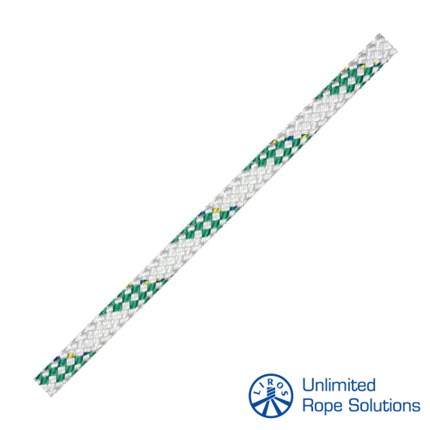 Bijelo-zelena LIROS Cruising Herkules konopna vrpca s logotipom Unlimited Rope Solutions.
