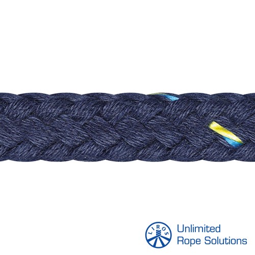 Pleteni konop u dubokom plavom tonu s vidljivim žutim i plavim detaljima, prikazan na bijeloj pozadini s logotipom Unlimited Rope Solutions u donjem desnom kutu.