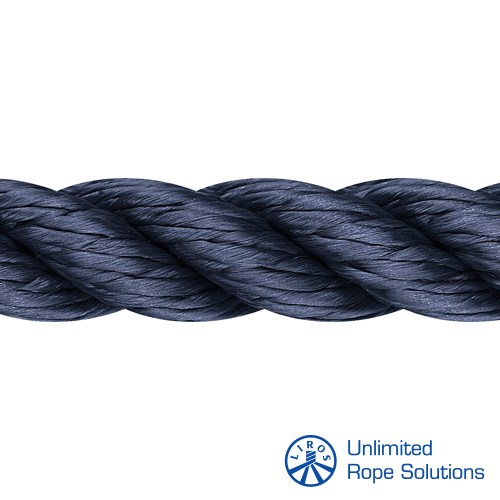 Tamno plava, pletena morska konopa od 12 mm, prikazana na bijeloj pozadini, s logotipom Unlimited Rope Solutions u donjem desnom kutu.