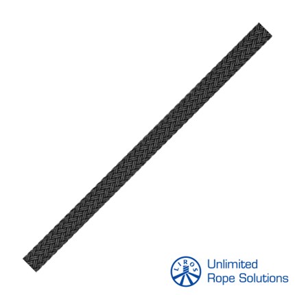 Crna, pletena konopna vezica od 36 mm, namijenjena za super jachte, s logotipom Unlimited Rope Solutions u donjem desnom kutu.