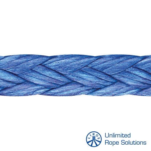 Plava bračana konopa od Dyneema materijala, dizajnirana za upotrebu u čamcima LIROS D-Pro, prikazana na bijeloj pozadini.