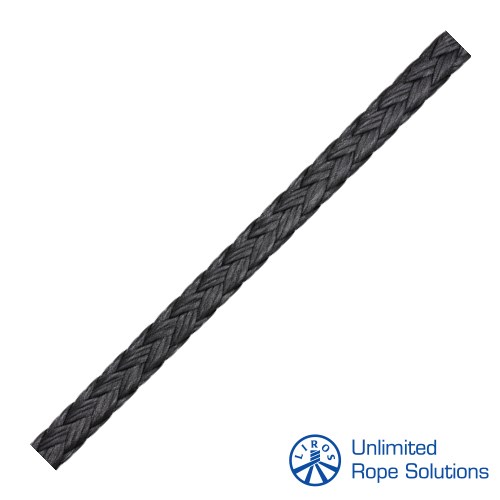 Crno pleteno konopno remenje od Dyneema materijala, dizajnirano za upotrebu na brodovima.