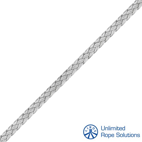 Dijagonalno postavljena siva konopna žica od Dyneema materijala s prečnikom od 1 mm, prikazana na bijeloj pozadini uz logotip Unlimited Rope Solutions u donjem desnom kutu.