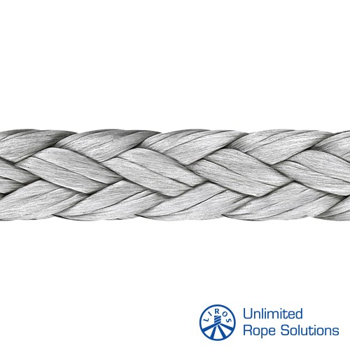 Siva bračana konopa od 1 mm, izrađena od Dyneema materijala, s logotipom Unlimited Rope Solutions u donjem desnom kutu.