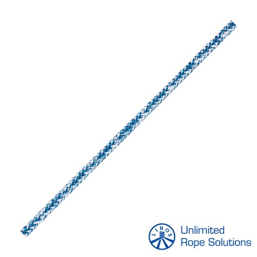 Bijelo-plava konopna vrpca od 5 mm, izrađena od Dyneema materijala, prikazana na bijeloj pozadini.