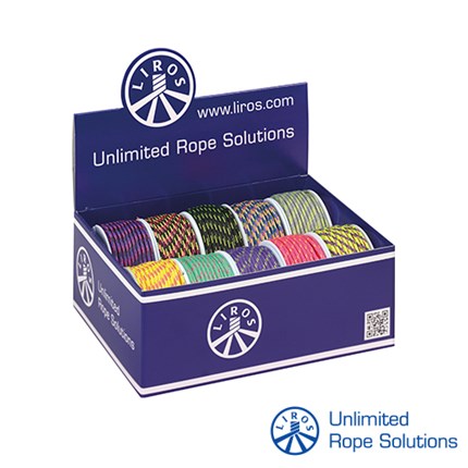 Otvorena plava kutija s logotipom LIROS i natpisom Unlimited Rope Solutions sadrži više boja konaca u roli, miješane boje, dužine 20 m, promjera 3 mm.