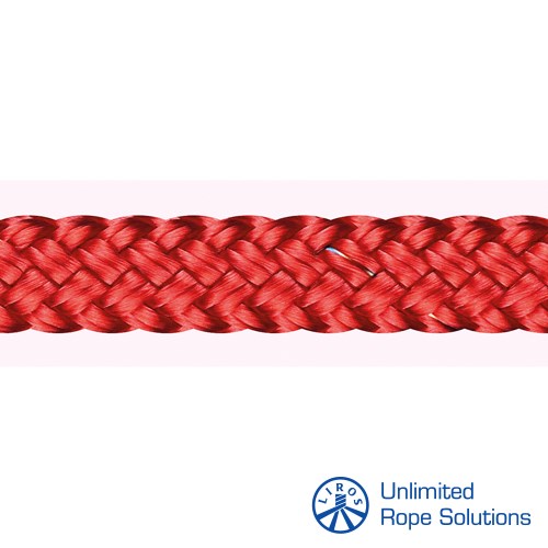 Jaka crvena konopna vrpca s pletenim uzorkom, dizajnirana za kruženje i vrhunske performanse, s logotipom Unlimited Rope Solutions u donjem desnom kutu.