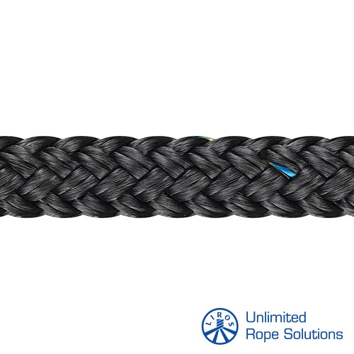 Detaljan prikaz crne konopne vrpce s plavim detaljem, namijenjene za kruženje i bojanje, s logotipom Unlimited Rope Solutions.