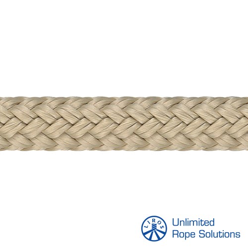 Prikazuje se detalj bračnog konopa smeđe boje, izrađen od više niti, s logotipom Unlimited Rope Solutions u donjem desnom kutu.