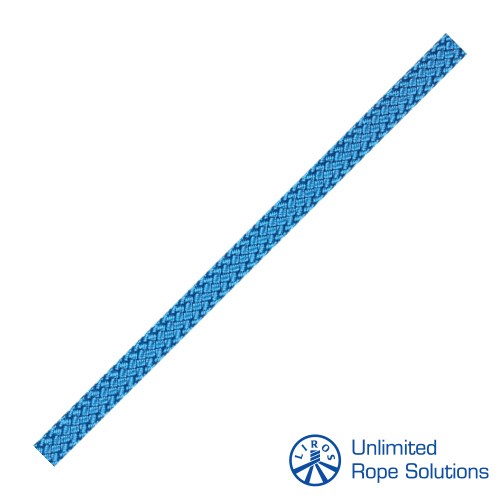Plava, pletena konopna vrpca od 14 mm, prikazana na bijeloj pozadini, s logotipom Unlimited Rope Solutions u donjem desnom kutu.