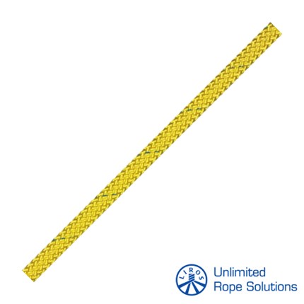 Žuta konopna vrpca od 16 mm, s detaljnim pletenim uzorkom, na bijeloj pozadini, s logotipom Unlimited Rope Solutions u donjem desnom kutu.