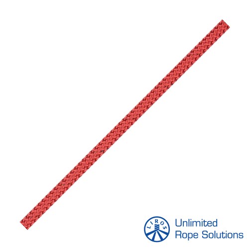 Cijeli opis:  Jaka crvena konopna vrpca, precizno pletena, na bijeloj pozadini, s logotipom Unlimited Rope Solutions u donjem desnom kutu.
