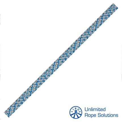 Siva plava konopna vrpca s uzorkom, prikazana na bijeloj pozadini, s logotipom Unlimited Rope Solutions u donjem desnom kutu.