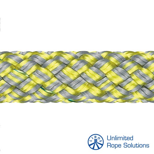 Detaljan prikaz sivo-žute konopne strukture s prepletenim uzorcima, dizajniran za kružno upotrebu, s logotipom Unlimited Rope Solutions u donjem desnom kutu.
