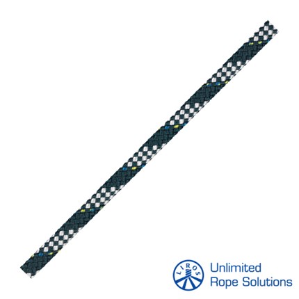 Intenzivno plavo-bijeli konop od Dyneema s detaljnim šahovnim uzorkom i logotipom Unlimited Rope Solutions na bijeloj pozadini.
