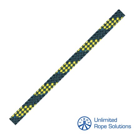 Dijagonalno postavljen plavo-žuti konop LIROS Performance Regatta 2000 Dyneema O12mm s karakterističnim šahovnim uzorkom na bijeloj pozadini.