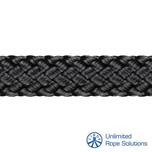 Crna, pletena konopa od Dyneema, visoke čvrstoće, s logotipom Unlimited Rope Solutions u donjem desnom kutu.
